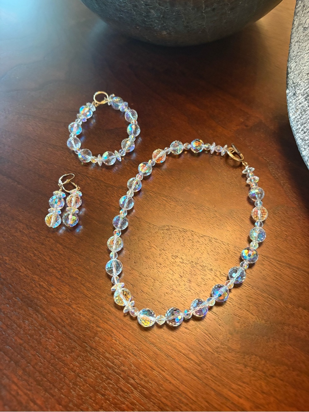 Crystal Aurora Borealis Bead Necklace, Bracelet & Earring Set - Clear